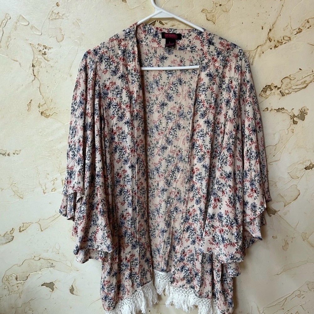 NWT Rock & Roll Denim Floral Fringe Kimono | Boho Western Festival Large - Picture 2 of 9
